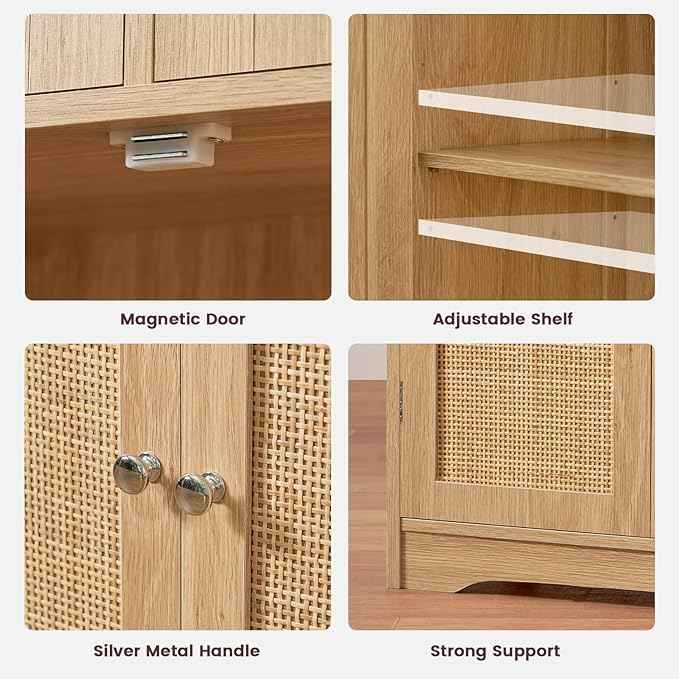 Iwell Tall Storage Cabinet, Rattan Cabinet with 2 Drawers & Adjustable Shelf, Kitchen Pantry Storage Cabient, Entryway Cabinet for Living Room, Dining Room, Home Office, Natural