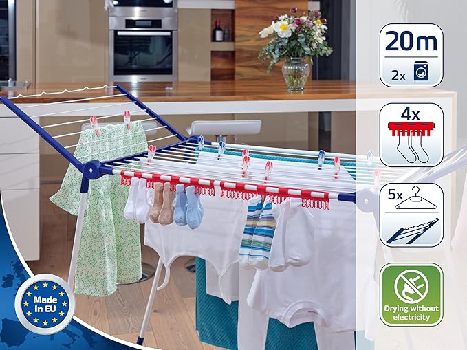 Leifheit Pegasus 200 Solid Standing Clothes Airer with Accessories, Folding Clothes Rack for Outdoor and Indoor, 20 m Clothes Horse with 4 Clips for Drying Small Items and 5 Hangers [Amazon Exclusive]