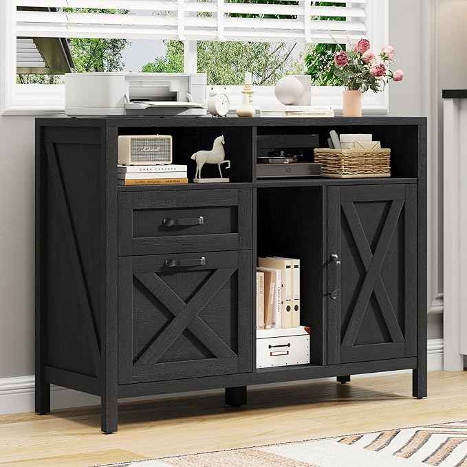 Vabches Lateral File Cabinet, Farmhouse 2 Drawer File Cabinet with Open Storage Shelf for Letter/A4 Size Hanging Files, Large Wood File Storage Cabinets Printer Stand for Home Office, Black