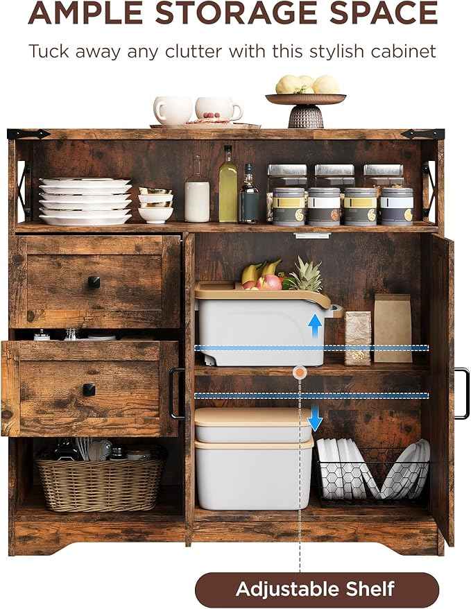 Vabches Farmhouse Buffet Sideboard Cabinet with Drawers and Open Shelf, 38.5" Storage Cabinet with Adjustable Shelves and Door, Modern Coffee Bar Hutch Pantry for Kitchen, Living Room, Entryway, Brown
