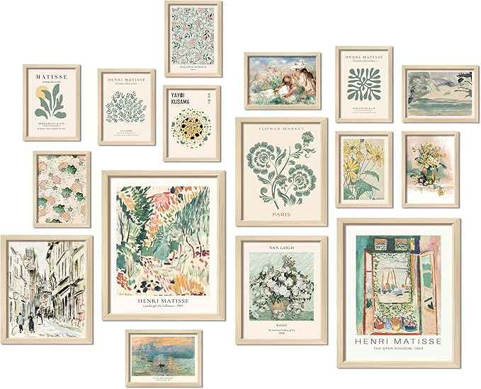 16 PCS Sage Green Wall Art Decor, Matisse Wall Prints for Bedroom, Abstract Posters for Room Aesthetic, Wall Collage Kit Pictures for Living Room, Eclectic Boho Vintage Dorm Gallery Home Decor