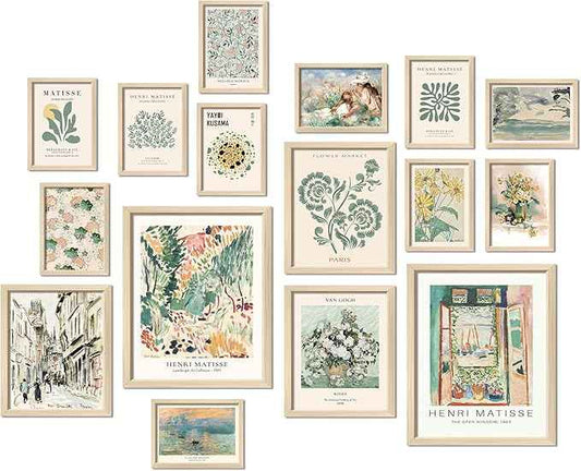16 PCS Sage Green Wall Art Decor, Matisse Wall Prints for Bedroom, Abstract Posters for Room Aesthetic, Wall Collage Kit Pictures for Living Room, Eclectic Boho Vintage Dorm Gallery Home Decor