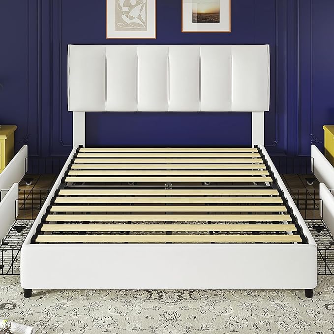VECELO Queen Size Bed Frame with 4 Storage Drawers, Adjustable Height Headboard, Heavy-Duty Platform Bedframe with Strong Wooden Slats, No Box Spring Needed, Pure White