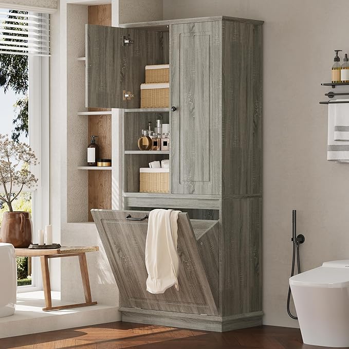68" Tall Bathroom Storage Cabinet with Two Doors and Laundry Hamper for Home Display Organizer, Adjustable Shelf, Oak