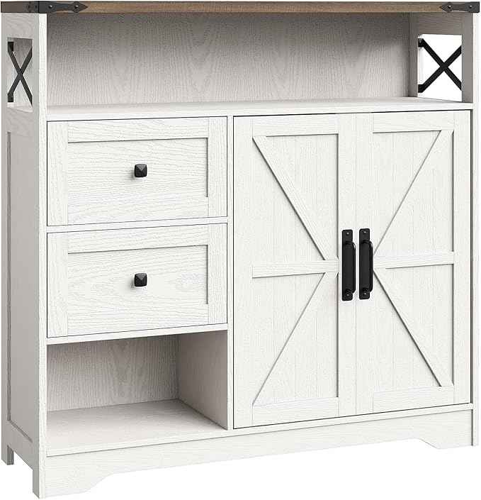 Vabches Farmhouse Buffet Sideboard Cabinet with Drawers and Open Shelf, 38.5" Storage Cabinet with Adjustable Shelves and Door, Modern Coffee Bar Hutch Pantry for Kitchen, Living Room, Entryway, White