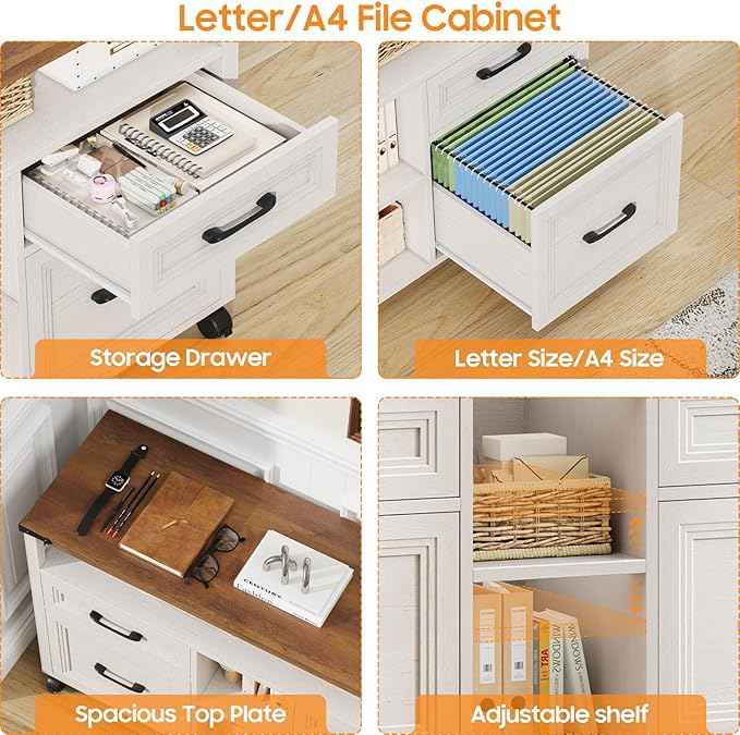 Vabches Farmhouse Filing Cabinet with Adjustable Shelf & Wheels, Lateral File Cabinets, Office Storage Cabinet with 4 Drawers and Open Storage Space, for Hanging Files Letter/A4, for Home Office