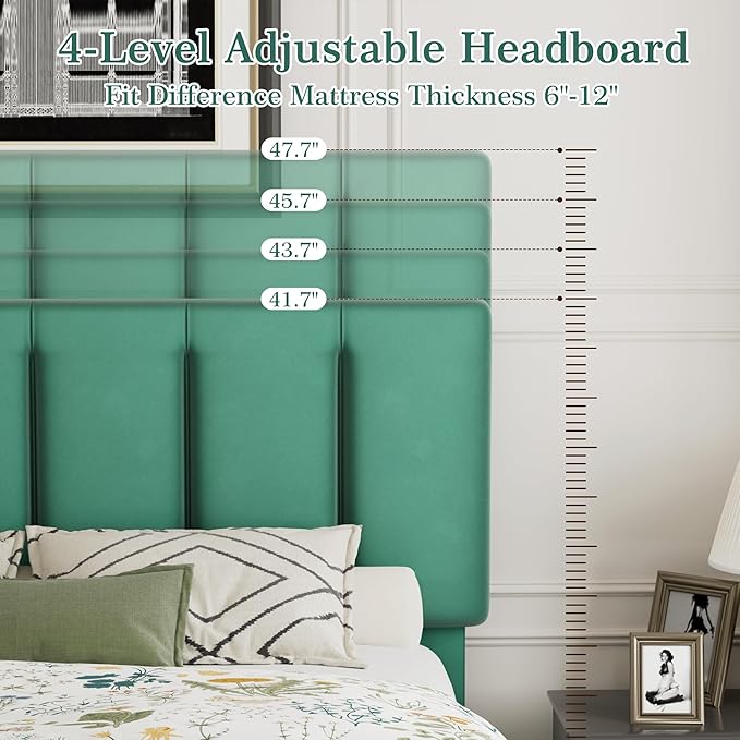 VECELO Full Bed Frame with Upholstered Headboard, Heavy-Duty Platform Bedframe with Strong Wooden Slats Support, No Boxing Spring Needed, Dark Green