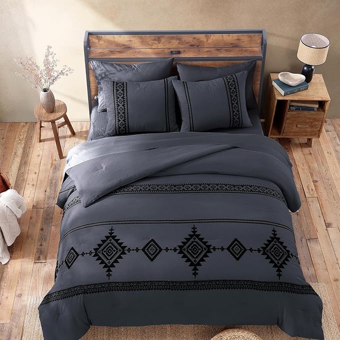 MaiRêve Embroidery King Size Comforter Set Crown Blue, Boho Farmhouse Western Bedding Set 7 Pieces, All Season Bed in A Bag Comforter Set with Sheets, Pillowcases & Shams