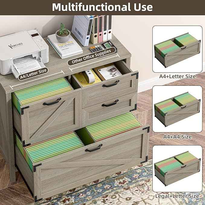 Wood Lateral File Cabinet with 4-Drawer for Hanging Files Letter/A4/Legal Size, Large Farmhouse Filing Cabinets for Home Office, Printer Stand with Office Cabinet, Office Furniture, Rustic Grey