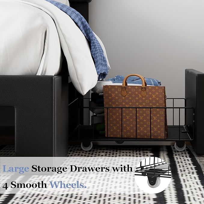 VECELO Queen Size Bed Frame with Storage Drawers, Leather Upholstered Bedframe with Diamond Tufted Headboard, Solid Wood Slat Support, No Box Spring Needed, PU Black