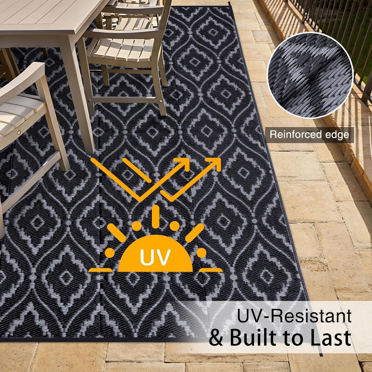 OLANLY Outdoor Rug 8x10 ft Waterproof, Outdoor Plastic Straw Rug with Geometric Pattern Clearance, Reversible RV Mat for Patio, Camping, Balcony, Deck, Backyard, Black & Grey