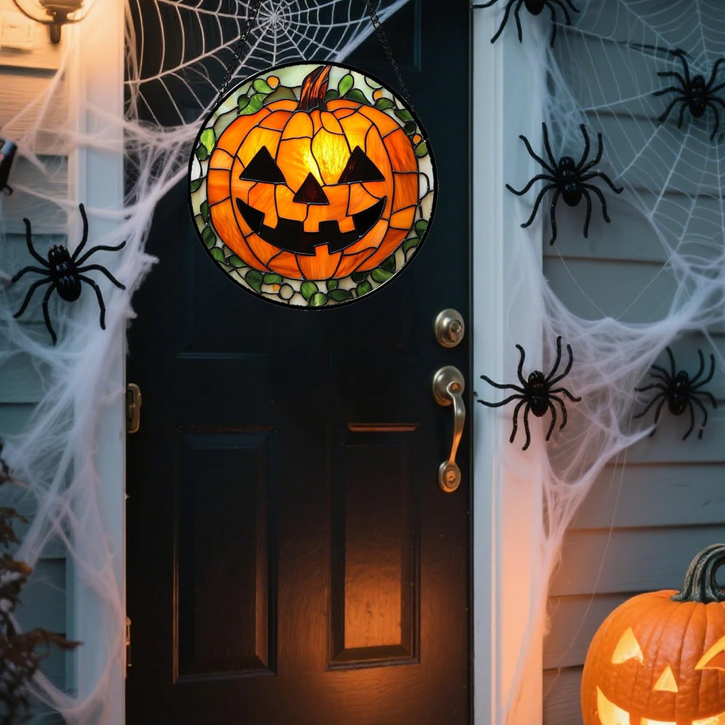 Stained Glass Window Hanging, Halloween Decorations Evil Pumpkin Suncatcher for Doors Garden Indoor Spooky Funny Orange Sun Catchers Gothic Decor Horror Gifts for Women Men Friend 11.8 in