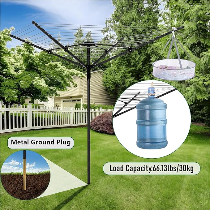 Nisorpa Outdoor Umbrella Drying Rack,12 Lines with 165 Feet Umbrella Clothesline Outdoor Dryer Clothes Line, 4 Arm Steel Frame Adjustable Height Retracting Collapsible Clothes Drying Rack for Backyard
