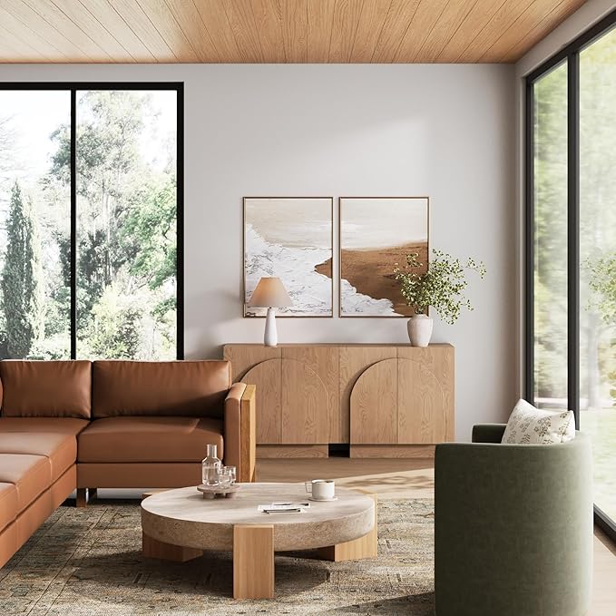Nathan James Iris Mid-Century Modern Credenza, Brown Sideboard Buffet, Living Room Wood Storage Cabinet with Arched Cabinet Doors, Raw Oak