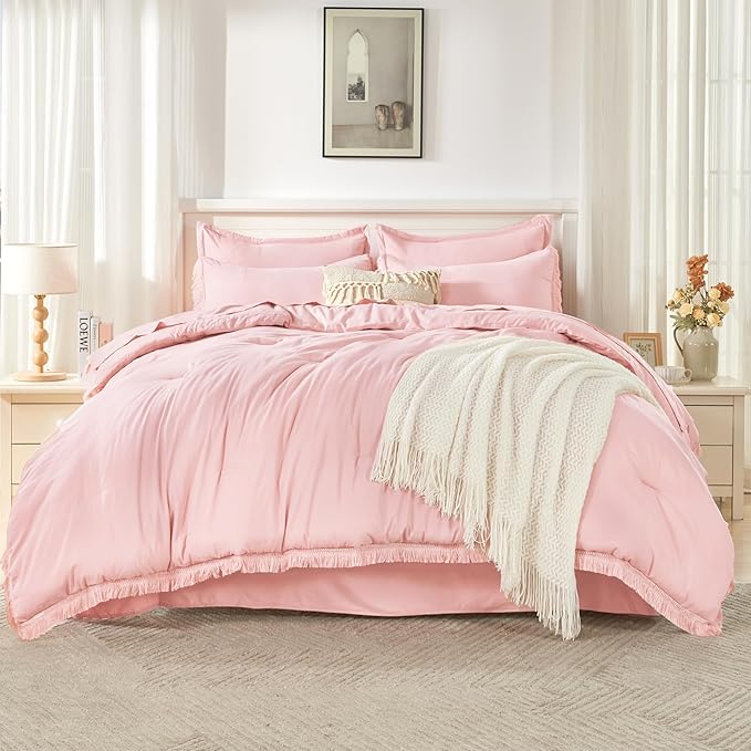 Andency Queen Comforter Set with Sheets Light Pink - 7 Pieces Boho Tassel Bed in a Bag Soft Lightweight Bedding Sets, Fringe Bed Set with Comforter, Sheets, Pillowcases & Shams