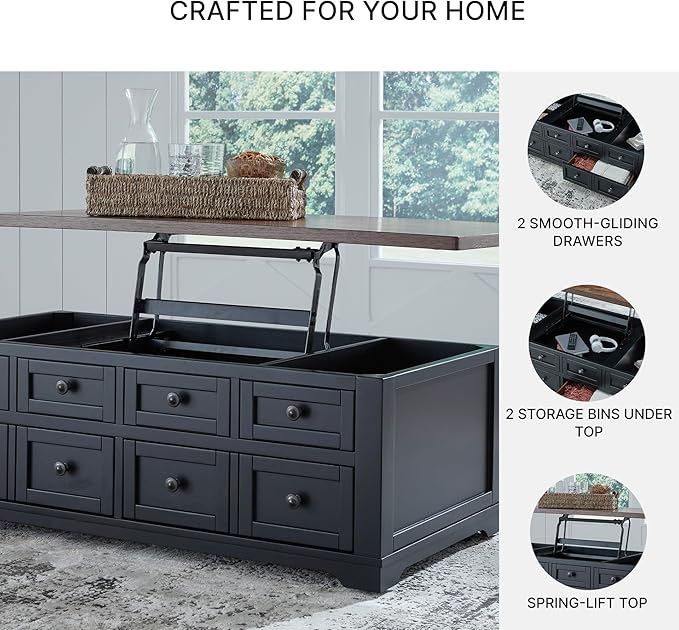 Signature Design by Ashley Wildenauer Lift Top Cocktail Table, Satin Finish Base, 2 Drawers, 2 Storage Bins, Hardwood Solids, 52" W x 28" D x 19" H, Light Brown & Black
