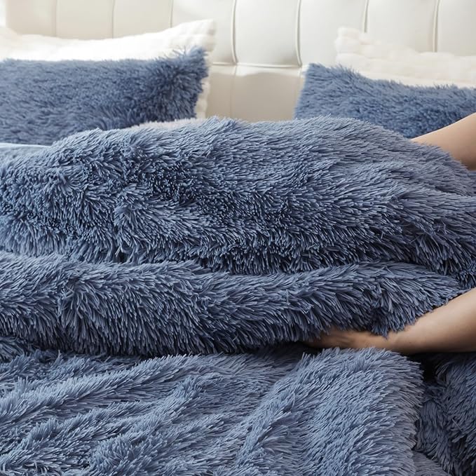 Smoofy Fluffy Full Size Comforter Set, Faux Fur Comforter Set, Luxury Fuzzy Bedding Set, Soft Shaggy Full Bed Set for All Season, 3 Pieces - 1 Comforter & 2 Pillowcases, Infinite Blue