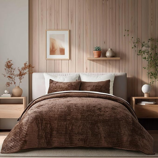 EVERGRACE Velvet Quilt Set California King 118'' x 106'', Luxurious Soft Striped Channel Bedding Set, Lightweight Velvet Comforter for All Season, Oversized Bedspread Coverlet w/ 2 Shams, Rust Brown