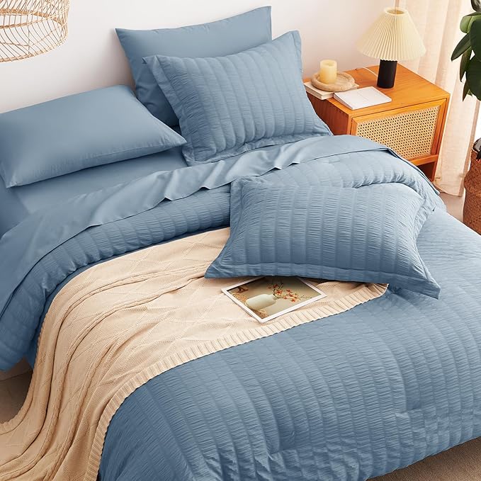 CozyLux Grayish Blue King Size Comforter Set Seersucker 7 Pieces Dusty Blue Bed in a Bag King Comforter Set with Sheets, Luxury Bedding Set with Down Alternative Comforter, Sheets, Pillowcases & Shams