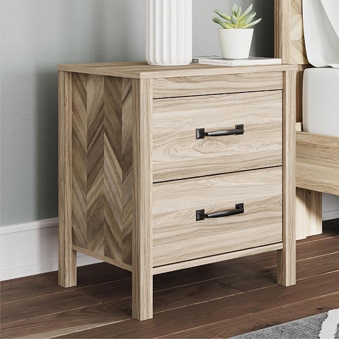 Signature Design by Ashley Battelle Mid-Century Modern Nightstand with Chevron Pattern, 2 Storage Drawers, Dark-Color Hardware, Wood, 24.5" High, Light Brown