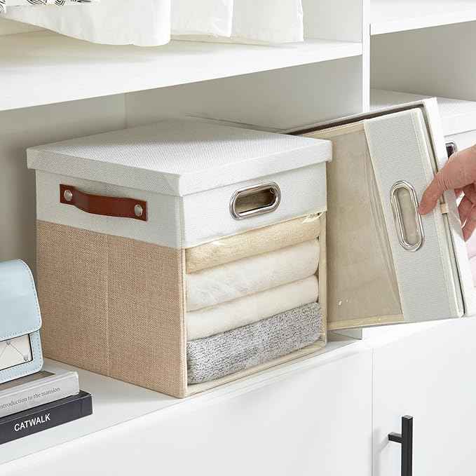 Fabric Storage Cubes with Clear Windows and Lids 11'' Foldable Storage Bins with 3 Handles, Decorative Storage Boxes for Home, Bedroom, Closet, Office (Beige & White)