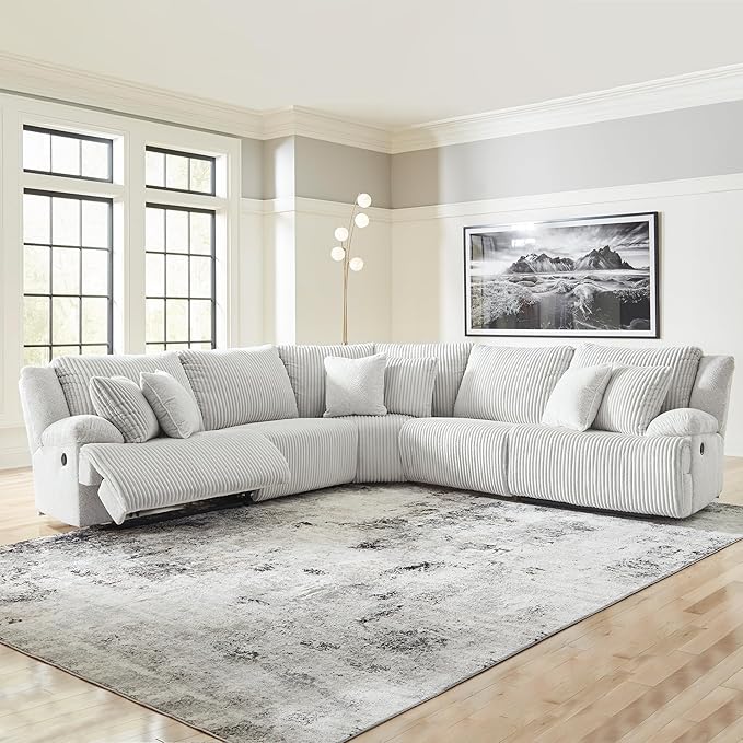 Signature Design by Ashley Top Tier Modern 5-Piece Reclining Sectional with Armrest and Throw Pillows, Light Gray