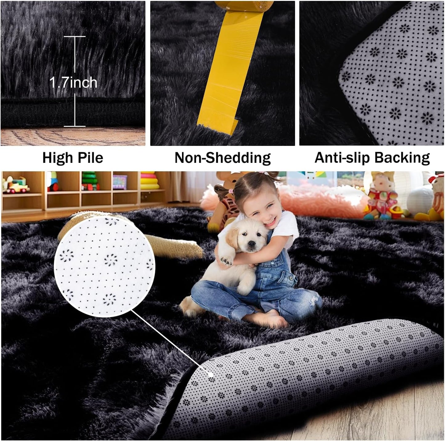 Rezutan Area Rugs 9x12 Living Room, Large Fluffy Rug for Bedroom, Soft Shag Shaggy Fuzzy Carpets for Boys and Girls Dorm Room Home Decor Aesthetic,Black Grey Tie-Dyed.