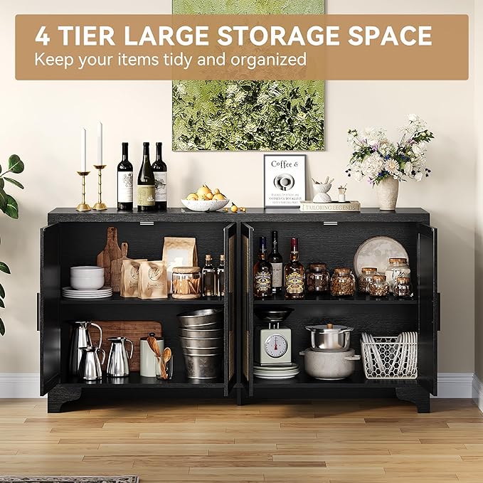 Garvee Natural Rattan Storage Cabinet with Shelves, 4-Door Sideboard Buffet Cabinet, Boho TV Stand Console Table for Living Room, Entryway, Dinning Room