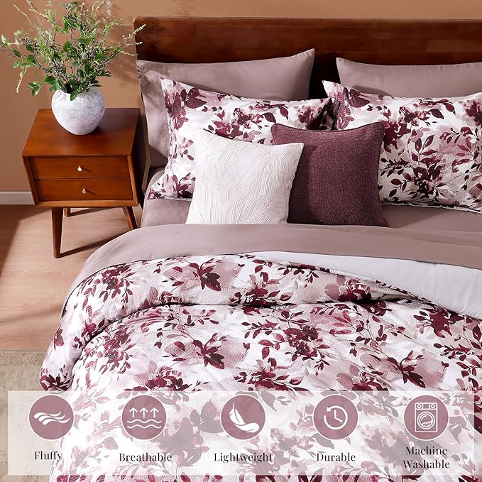 CASAAGUSTO King Comforter Set, 7 PCS Purple Willow Leaf Floral Comforter Set with Flowers Leaves Pattern, Soft Seersucker Design All Season King Size Bedding Set(102"X90")