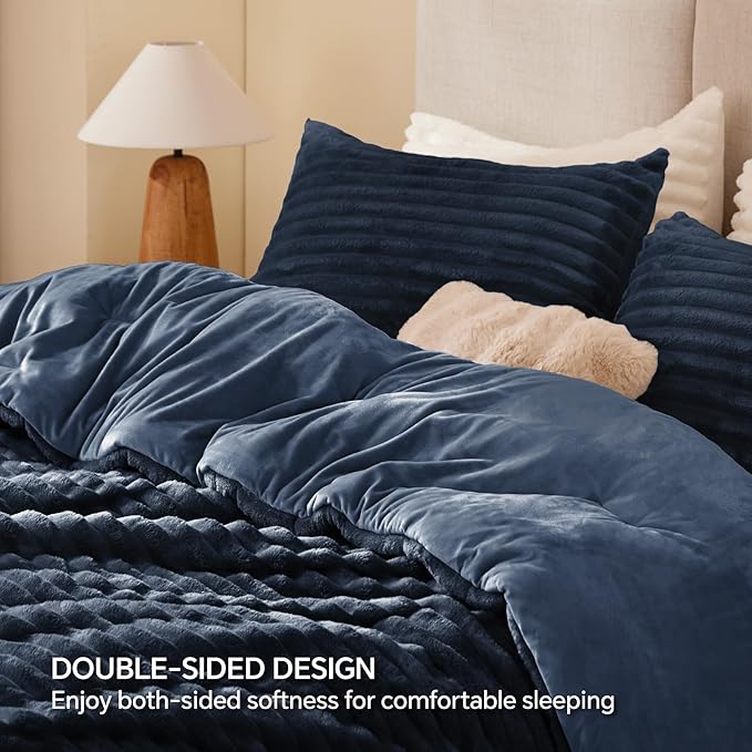BEDELITE Fleece Queen Comforter Set -Super Soft & Warm Fluffy Navy Blue Bedding, Luxury Fuzzy Heavy Bed Set for Winter with 2 Pillow Cases