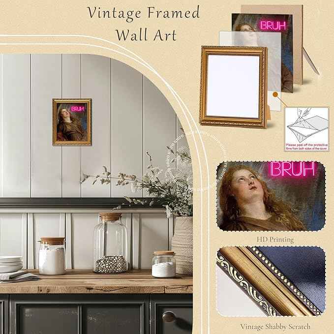 uniro Vintage Gold Framed Wall Art for Home Decor, Retro Funny Bathroom Wall Decor Canvas Artwork, Trendy Funky Wall Art Maximalist Decor, Eclectic Home Bathroom Alternative Fun Art Print Aesthetic Poster for Bathroom, Living Room, Desktop decor - 8x10...