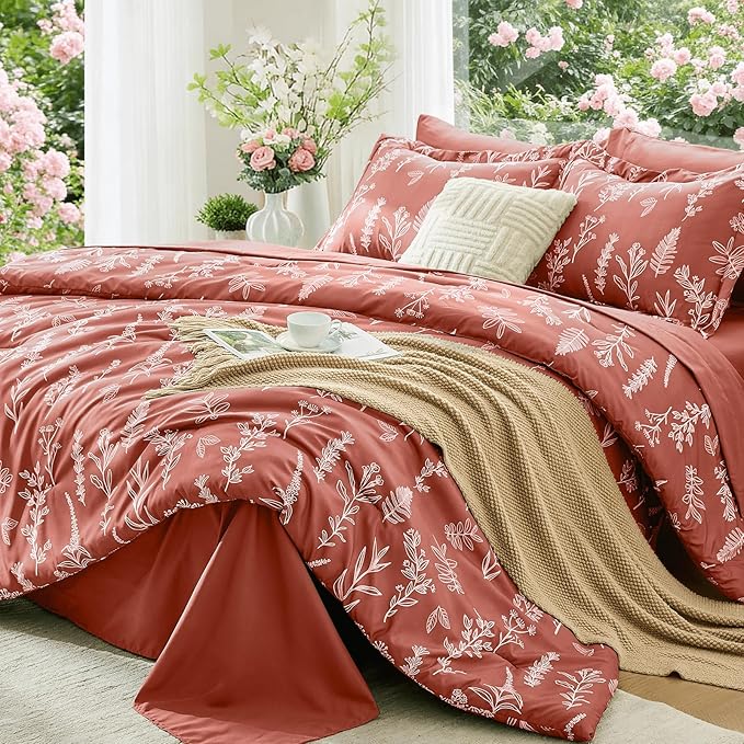MUXHOMO Terracotta Full Comforter Set, Elegant Floral Print Bed in a Bag 7 Pieces, Ultra Soft & Breathable Reversible Botanical Pattern Bedding Set with Comforter, Sheets, Pillowcases, and Shams