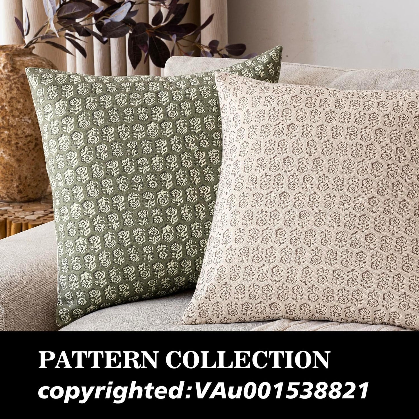 Foindtower Set of 2 Decorative Neutral Floral Print Throw Pillow Covers Vintage Accent Farmhouse Cushion Covers Boho Home Decor for Sofa Couch Chair Bedroom Living Room Outdoor,20×20 Inch,Sage Green