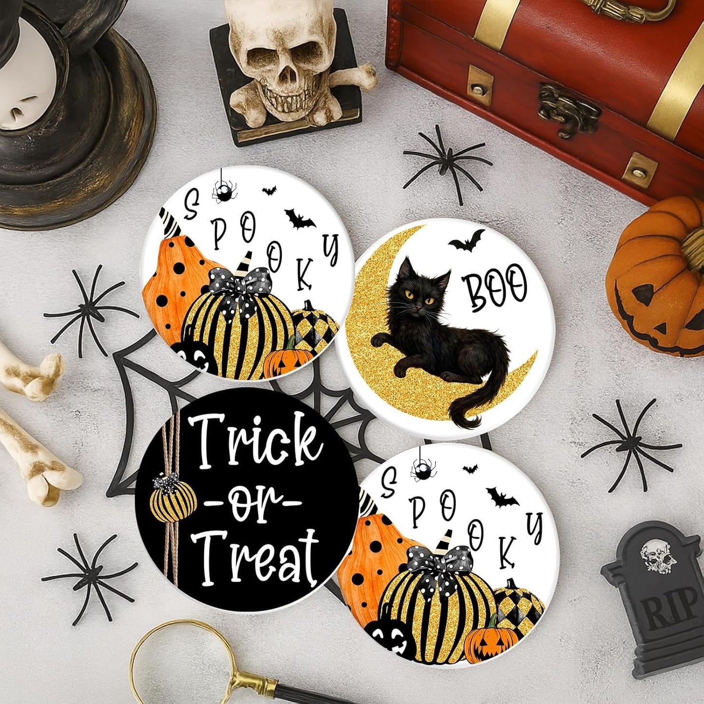 Coaster for Drinks Set of 6, Halloween Boo Black Cat Trick or Treat Spooky Pumpkin Bat Absorbent Round Ceramic Stone Mat, with Cork Base and Metal Holder, Gift for Housewarming Room Bar Decor