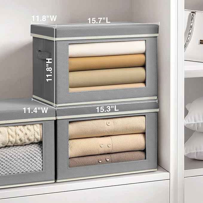 Storage Bins with Lids, 3 Pack Large Storage Cubes with Window, Closet Bins with Lids & Handles, Fabric Box for Organizing Clothes, Towels, Books, Grey