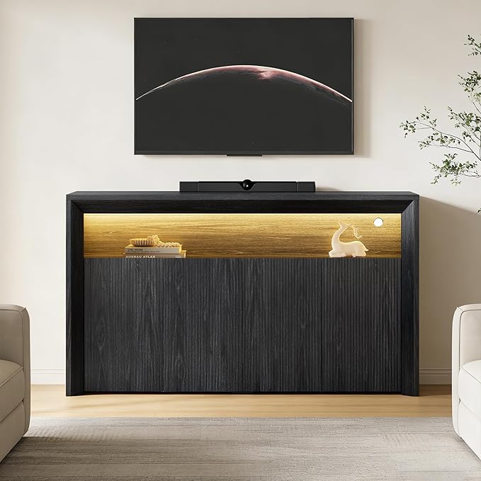 Feonase Buffet Cabinet with Storage & Led Lights, 66.2" Modern Sideboard Cabinet with 4 Doors & Shelves, Fluted Media Console Mid Century, Coffee Bar Table for Dining Room Kitchen, Dark Grey