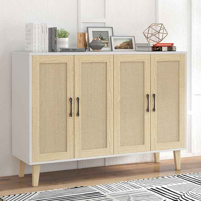 Panana Buffet Storage Cabinet with Rattan Decorating 4 Doors Living Room Kitchen Sideboard 48.43 x 34.65 x 15 inch (White)