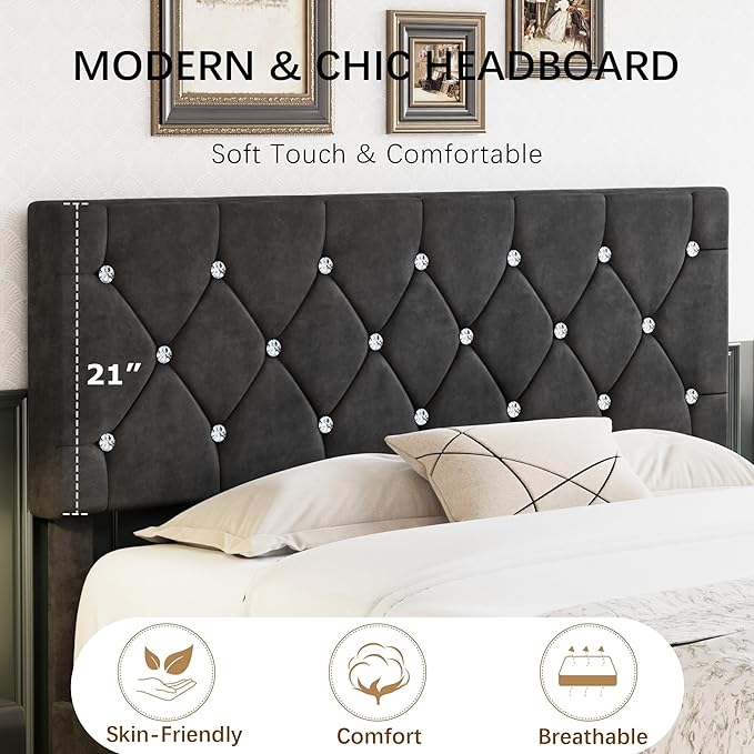 VECELO Full Size Bed Frame with Diamond Tufted Headboard, Upholstered Platform Bedframe with Wood Slat Support, No Box Spring Needed, Velvet & Black