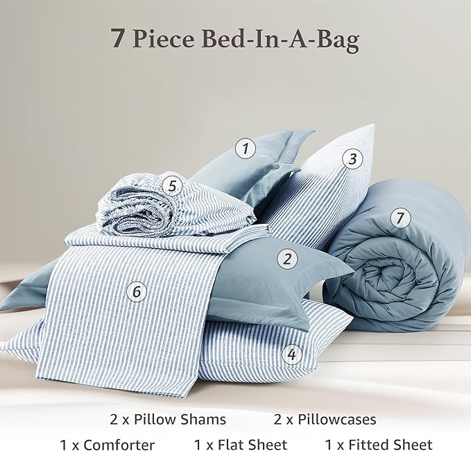 Monbix Oversized King Size Comforter Set - 7 Pieces Dusty Blue Prewashed Bed in a Bag Bedding Sets with Comforters, All Seasons Ultra Soft Comforter Bed Set with Sheets, Pillowcases & Shams