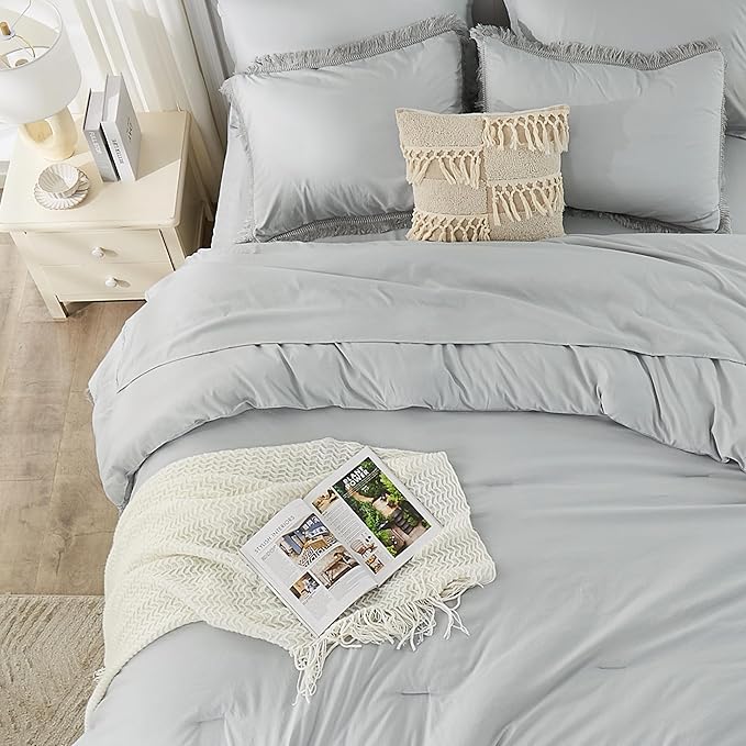 Andency California King Size Comforter Set with Sheets Light Grey - 7 Pieces Cal King Bed in a Bag Boho Bedding Sets, Light Grey Bed Set with Comforter, Sheets, Pillowcases & Shams