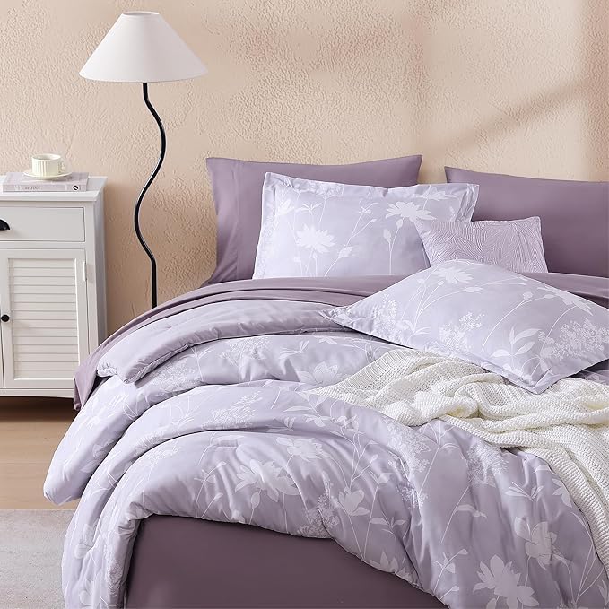 Twin XL Comforter Set -5 Pieces Floral Lavender Purple Bedding Set for All Seasons, Bed in a Bag with Botanical Flowers Comforter, Sheets, Pillowcase & Sham