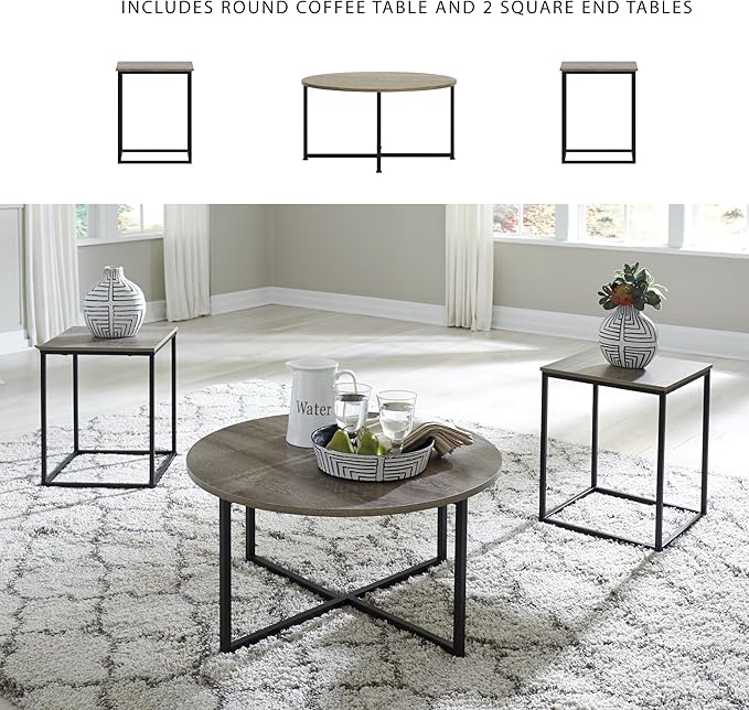 Signature Design by Ashley Wadeworth Urban Wood Grain 3-Piece Table Set, Includes 1 Coffee Table and 2 End Tables, Brown & Black