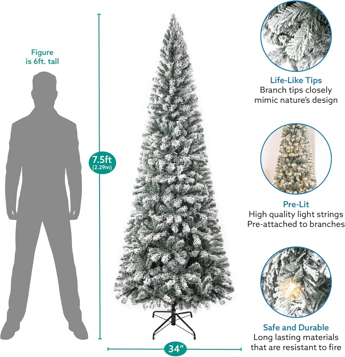 Naomi Home Salzburg 7.5ft Frosted Prelit Slim Artificial Christmas Tree with 1102 Branch Tips, 350 Warm Lights and Metal Stand, 34" Wide Realistic Snow Flocked Skinny Pencil Christmas Tree