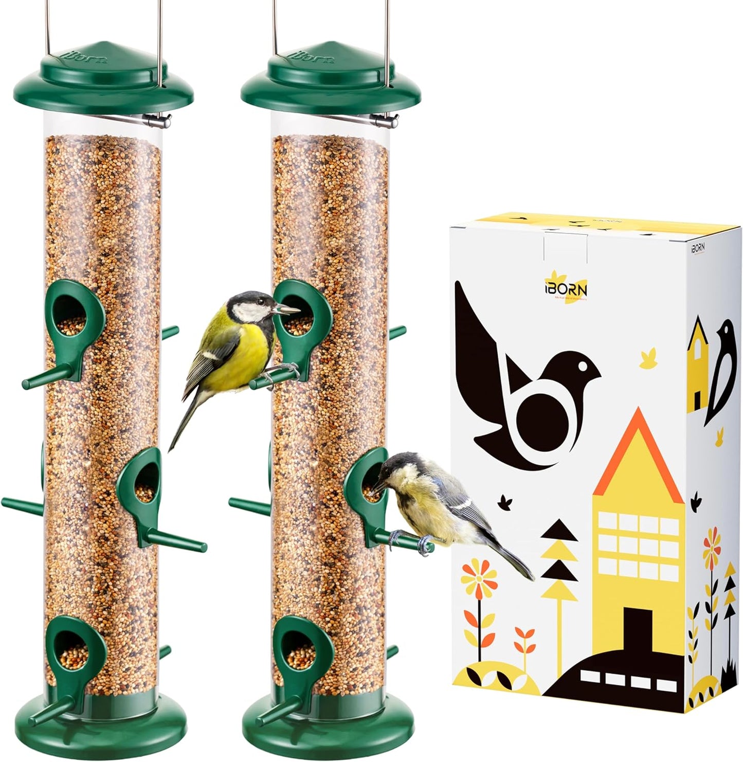 iBorn Metal Bird Feeders 6 Ports Hanging Wild Bird Seed Feeder for Mix Seed Blends, Niger Seed Feeder, Sunflower Heart, Birdbath, Heavy Duty All Metal Green Finishing 14 Inch 6Port, Pack of 2