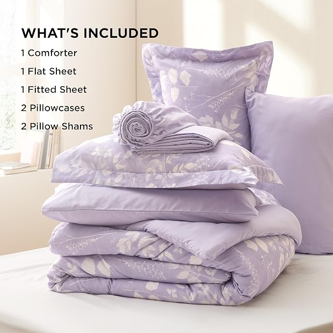Bedsure Full Size Comforter Set - 7 Pieces Floral Lavender Soft Bedding Sets, Full Bed in a Bag with Botanical Flowers Comforter, Sheets, Pillowcases & Shams