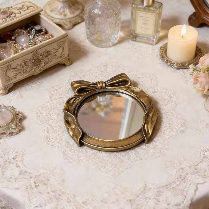 Vintage Round Vanity Desk Mirror - 6x6Inch Wall-Mounted & Tabletop Decorative Ornate Gold Accent Retro Makeup Mirror for Bedroom Dresser Living Room Bathroom Dorm Champagne Gold