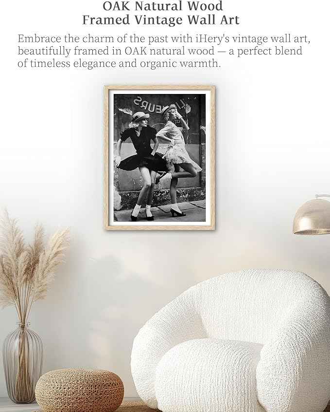 iHery Natural OAK Wood Framed Vintage Women Dancing Wall Art, 12x16in Beige Frame Canvas Retro Women Fashion, Chic Ladies Posing, Black and White Print, Vintage Feminist Wall Decor Set of 1