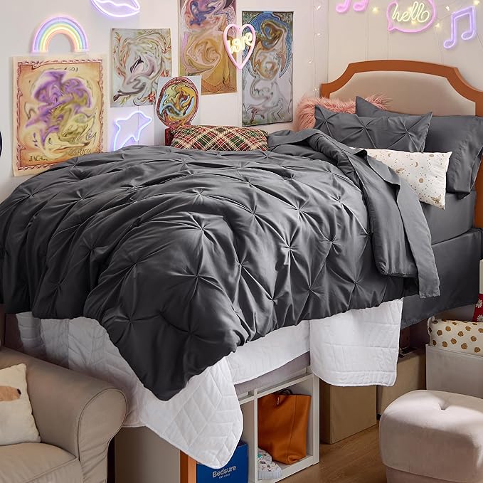 Bedsure Twin XL Comforter Set - Extra Long 5 Pieces Dorm Bedding Sets, GentleSoft™ Pinch Pleat Dark Grey Bed in a Bag with Pintuck Comforter, Sheets, Pillowcase & Sham