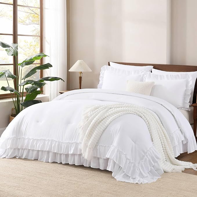 Andency White Twin Size Comforter Set(66x90Inch), 2 Pieces(1 Ruffle Comforter and 1 Pillowcase) Lightweight Fluffy Bedding Comforter Sets for Kids, All Season Soft Microfiber Bedding Set