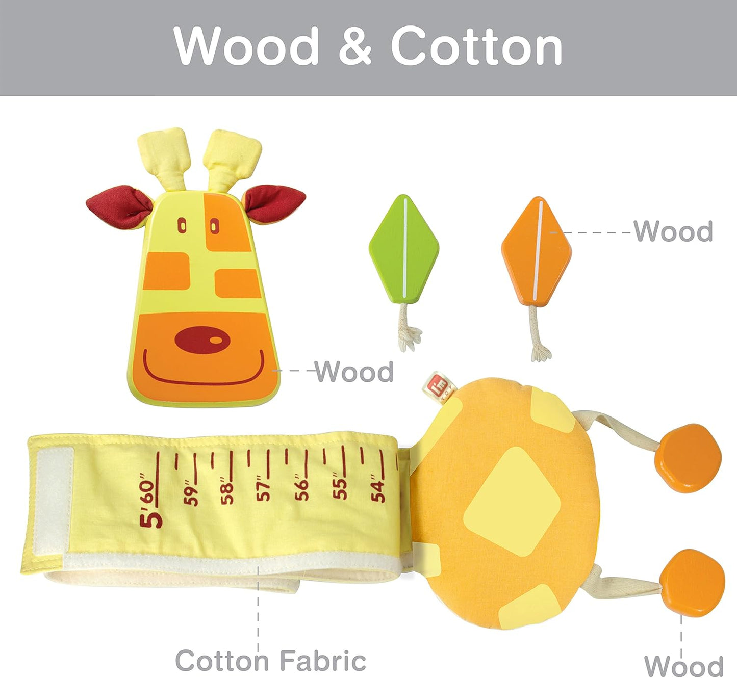 Wood and Fabric Wall Growth Chart, Height Measurement, Scale, Ruler for Kids (Giraffe)